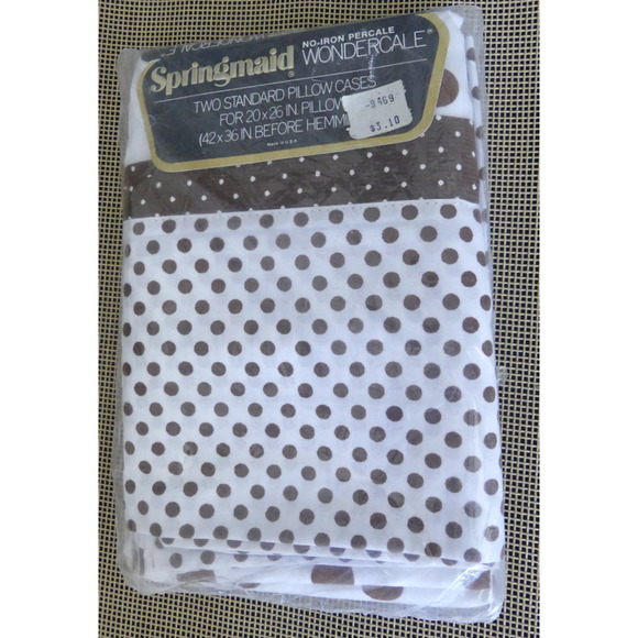 NOS Springmaid Standard Vintage Pillowcases Brown Polka Dot White Pillow in Pkg - Picture 1 of 4